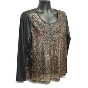 Mark Bouwer Sequin Leopard Print Blouse XL Black Brown Long Sleeve Party Top